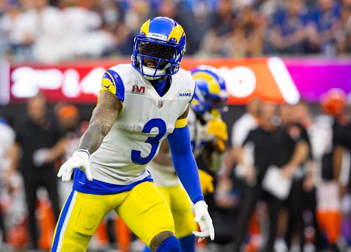 Feb 13, 2022; Inglewood, CA, USA; Los Angeles Rams wide receiver Odell Beckham Jr. (3) against the Cincinnati Bengals during Super Bowl LVI at SoFi Stadium. Mandatory Credit: Mark J. Rebilas-USA TODAY Sports